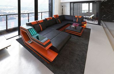 Leder Wohnlandschaft Ravenna U Form schwarz-orange Ledersofa mit LED Couch & USB