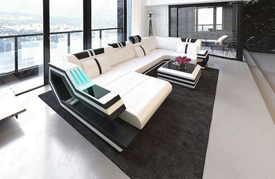 Ledersofa Wohnlandschaft Ravenna U Form Designersofa Couch mit LED Couch & USB