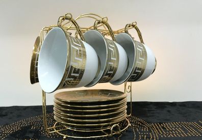 Gold Kaffeetassenset für 6Personen Porzellan mit Metallständer Serviergeschirr Medusa