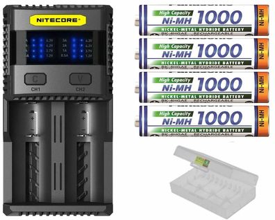 Nitecore SC2 - 3 A Ladegerät 4 x Panasonic Akku AAA Micro 1000 mAh Box