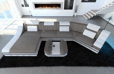Wohnlandschaft TURINO C-Form Strukturstoff sandfarbend Designer Sofa mit LED
