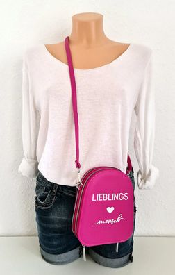 Große Handytasche Cross Body Bag "Lieblingsmensch" Kunstleder uni Gurt Pink