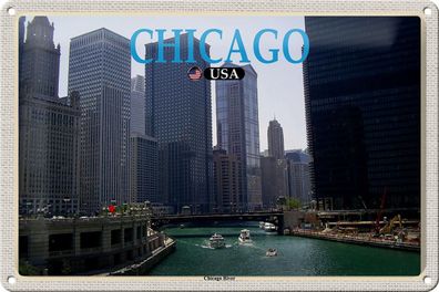 Blechschild Reise 30x20cm Chicago USA Chicago River Fluss Hochhäuser tin sign