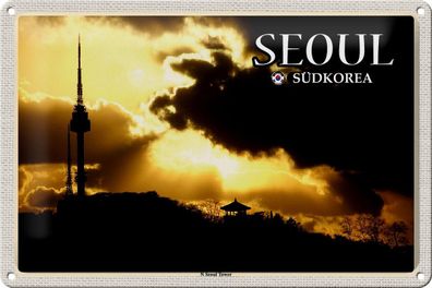Blechschild Reise 30x20 cm Seoul Südkorea N Seoul Tower Fernsehturm tin sign