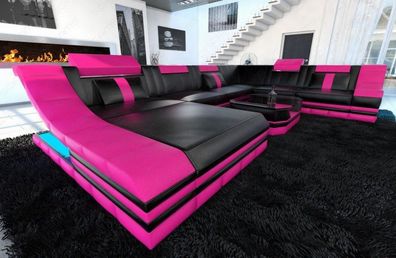 XXL SofaWohnlandschaft Turino schwarz-pink Ecksofa Ledersofa mit LED Couch & USB