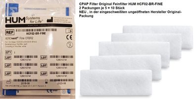 CPAP Filter Original Feinfilter HUM HCF02-BR-FINE, 2 Packungen je 5=10 Stück. NEU OVP