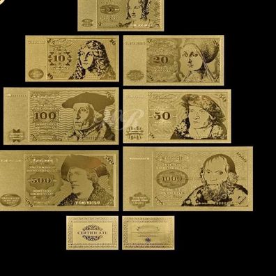Alte Deutsche Mark Goldfolie Banknoten von 5 bis 1000 DM (CM771)