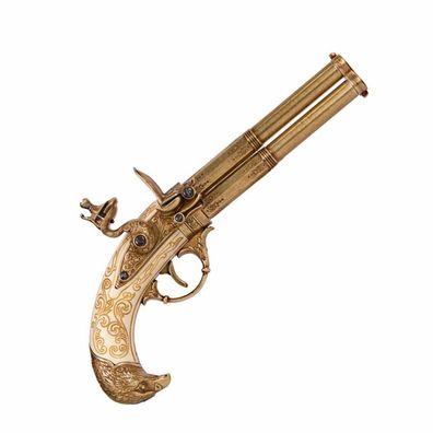 Adlerkopf Steinschloßpistole dreiläufig elfenbein-messingfarbend (Gr. 30cm)