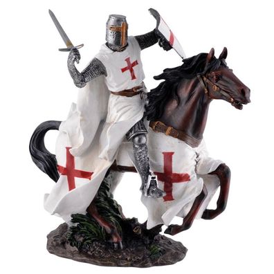 Templerritter auf Pferd im Galopp, weißer Umhang mit Schwert links