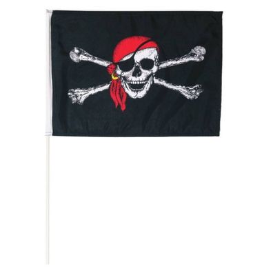 Schwarze Fahne Pirat weißer Totenkopf mit rotem Tuch 30x40cm mit Stab