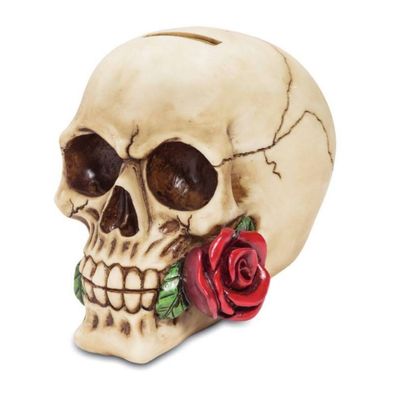 Spardose Totenkopf hat eine Rose im Mund 12cm (Gr. 12x15x10cm)
