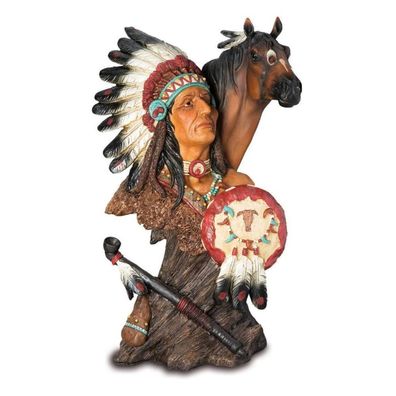 Büste Indianer mit Schild, Calumet und Pferdekopf