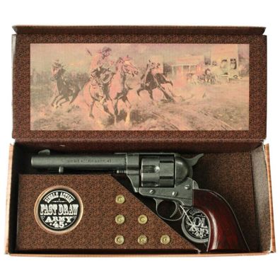 Geschenkverpackung Kavallerie Colt grau Single Action 1873 mit Patronen Deko