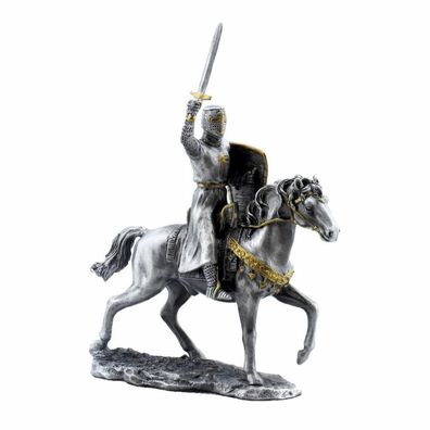 Zinn-Kreuzritter auf Pferd Schwert erhoben (Zinn) (Gr. 13x11x5cm)
