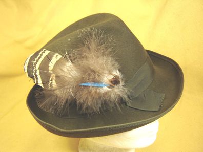 Damenhut klassischer Trachtenhut oliv Haarfilz mit Band u Feder DH335