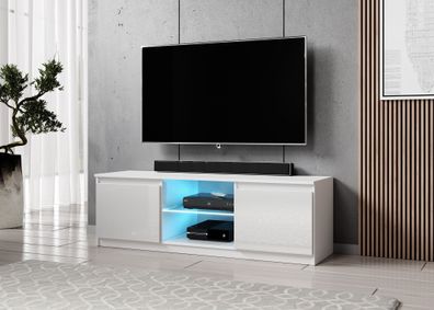 FURNIX Lowboard ARENAL TV-Schrank Board modern 120 cm Weiß - Weiß Glanz mit LED