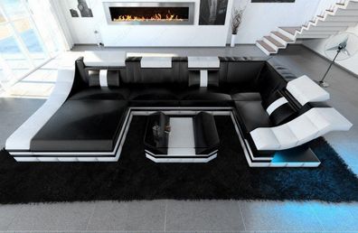 Leder Wohnlandschaft Turino Form schwarz-weiß Ledersofa mit LED Couch & USB Anschluss