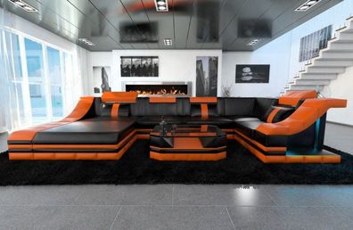 Leder Wohnlandschaft Turino U Form schwarz- orange Ledersofa mit LED Couch & USB