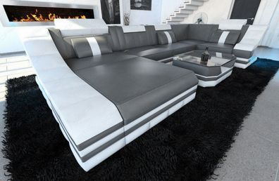 Leder Wohnlandschaft TURINO U-Form grau- weiß Ledersofa mit LED Couch & USB Anschluss