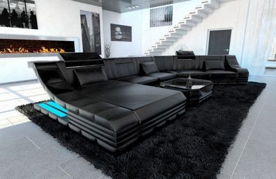 Leder Wohnlandschaft Turino CL schwarz Ledersofa mit LED Couch & USB Anschluss