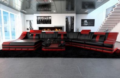 Leder Wohnlandschaft Turino CL schwarz-rot Sofa Ledersofa mit LED Couch & USB Anschl.
