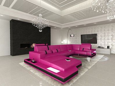 XXL Sofa Wohnlandschaft Messana U Form Designersofa Ecksofa Beleuchtung pink-schwarz