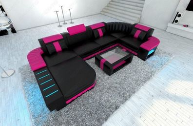 Leder Wohnlandschaft Bellagio U Form schwarz-pink Ledersofa mit LED Couch & USB