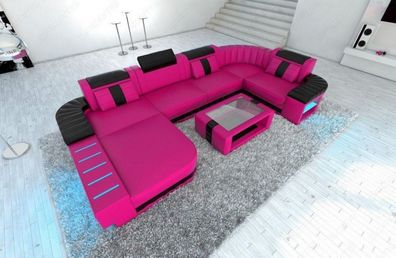 Sofa Wohnlandschaft Bellagio U Form pink Ledersofa mit LED Couch & USB Anschluss
