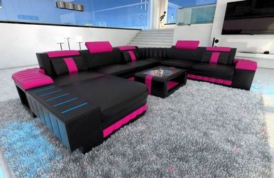 Sofa Wohnlandschaft Bellagio XXL schwarz-pink Ledersofa mit LED Couch & USB Anschluss