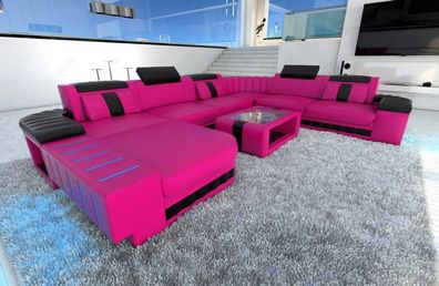 XXL Sofa Wohnlandschaft Bellagio in pink Ledersofa mit LED Couch & USB Anschluss