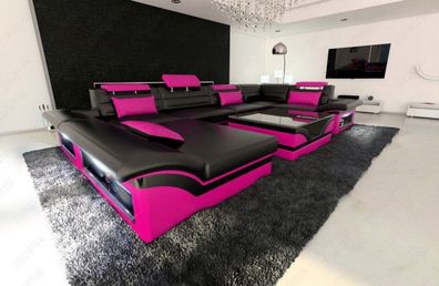 Leder Wohnlandschaft Enzo U-Form schwarz pink Ledersofa mit LED Couch & USB Anschluss