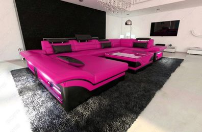 Leder Wohnlandschaft Enzo U Form Sofa in pink Ledersofa mit LED Couch & USB Anschluss