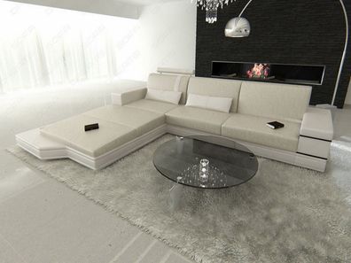 Sofa Messana L-Form als Ecksofa Designersofa Strukturstoff Beige mit LED Beleuchtung