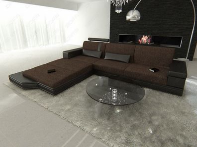 Sofa Messana L-Form Ecksofa Strukturstoff Dunkelbraun Designersofa LED Beleuchtung