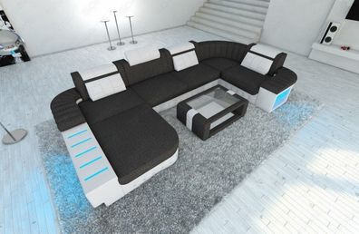 Sofa Wohnlandschaft Bellagio U Form schwarzgrau Webstoff -LED Sofa & USB Anschluss