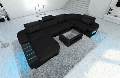 Sofa Wohnlandschaft Bellagio U Form Strukturstoff schwarz Webstoff -LED Sofa & USB