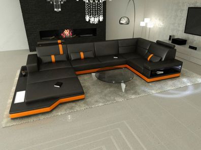 Leder Wohnlandschaft MessanaA U-Form schwarz orange Ledersofa mit LED Couch & USB