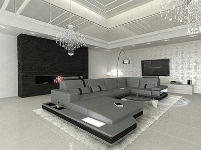 Sofa Wohnlandschaft Messana U Form Luxus grau Ledersofa mit LED Couch & USB Anschluss