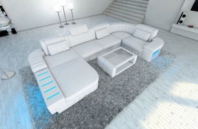 Sofa Wohnlandschaft Bellagio U Form XXL Leder weiss Ledersofa mit LED Couch & USB