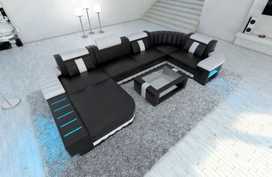 Ledersofa Wohnlandschaft Bellagio schwarz-weiss Ledersofa mit LED Couch & USB