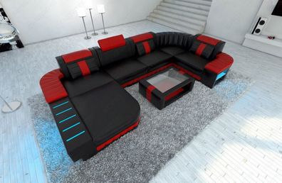 Ledersofa Wohnlandschaft Bellagio U Form schwarz rot Ledersofa mit LED Couch & USB