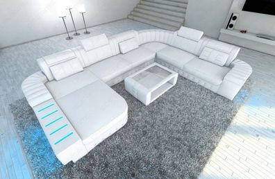 Wohnlandschaft Bellagio XXL U Form weiss Ledersofa mit LED Couch & USB Anschluss