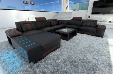 XXL Sofa Wohnlandschaft Bellagio schwarz dunkelbraun Ledersofa mit LED Couch & USB An