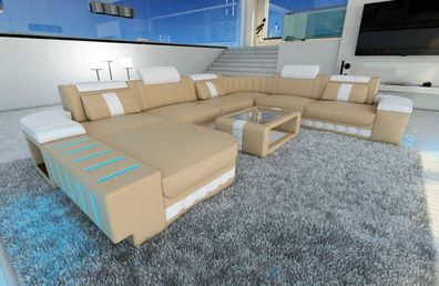 XXL Sofa Wohnlandschaft Bellagio sandbeige Ledersofa mit LED Couch & USB Anschluss