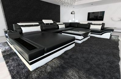 XXL Sofa Wohnlandschaft Mezzo schwarz weiss Ledersofa mit LED Couch & USB Anschluss