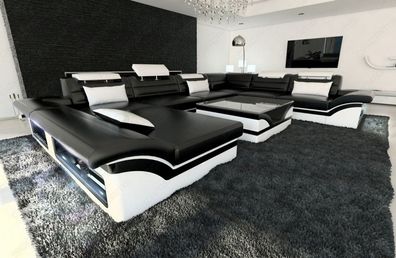 XXL Sofa Wohnlandschaft Enzo schwarz weiss Ledersofa mit LED Couch & USB Anschluss
