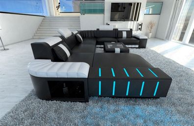 Leder Wohnlandschaft Bellagio XXL schwarz weiss Ledersofa mit LED Couch & USB Anschl.