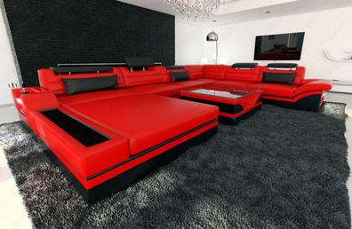 Ledersofa Mezzo XXL Sofa Wohnlandschaft rot schwarz Ledersofa mit LED Couch & USB