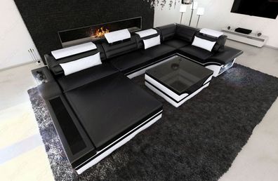 Ledersofa Wohnlandschaft Mezzo schwarz weiss Ledersofa mit LED Couch & USB Anschluss