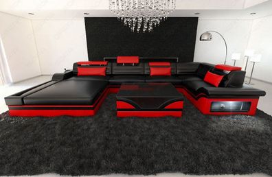 Leder Wohnlandschaft MEZZO U Form schwarz rot Ledersofa mit LED Couch & USB Anschluss